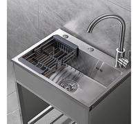 ZQFHSX Kitchen Sink Mobile Stainless Steel Freestanding Outdoor Set Commercial with Drain Basket and hot Cold Water Faucet, Easy to Clean (68 * 45cm)