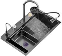 ZQFHSX Kitchen Sink Set 304 Stainless Steel Single Bowl Waterfall Nano Coated Workstation With Pull-Out Faucet And Cup Washer Full Of Accessories(Size:80x45x22cm)