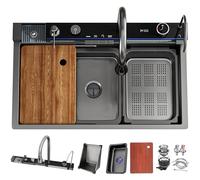 ZQFHSX Kitchen Sink, Waterfall Design and Black Stainless Steel Finish, Large Single Bowl Farmhouse Nano Coated Preparation Sink with Extendable All-in-One Tap, Soap Dispenser U