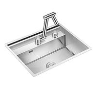 ZQFHSX Kitchen Sink, With Folding Swivel Faucet, Silver 304 Stainless Steel Single Bowl Bar Concealed Drop-In Or Undermount Installation (Color : Silver, Size 68x48cm)