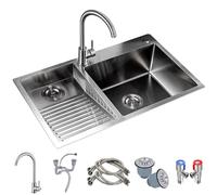 ZQFHSX Kitchen Sink With Washboard Bathroom Sinks Large 304 Stainless Steel Laundry Single Bowl Big Bend Faucet And Drainage Component (Color : Silver, Size 80x48x21cm)