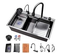 ZQFHSX Large Waterfall Sink for the Kitchen Bar, with Extendable Tap, Cup and Drain Accessories, Stainless Steel Sink, Single Bowl Worktop (75 x 46 22 cm)