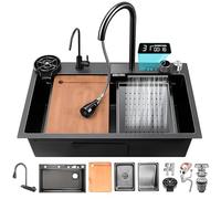 ZQFHSX Multifunctional 68x45 cm Stainless Steel Kitchen Sink - Deep Single Bowl with Waterfall Nano Coating 3-in-1 Pull-Out Faucet Chopping Board & Cup Accessory