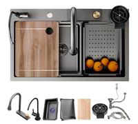 ZQFHSX Multifunctional Kitchen Sink Made of Stainless Steel with Waterfall Effect, Large Workstation Sink, Single Bowl Attachment Mounting, Drain Button and Complete(Black GreyA,75x50cm)