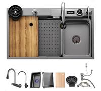 ZQFHSX Multifunctional Kitchen Sink Made Of Stainless Steel With Waterfall Effect, Large Workstation Sink, Single Bowl Attachment Mounting, Drain Button And Complete(Black GreyB,85x50cm)