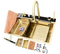 ZQFHSX Multifunctional Kitchen Sink with Temperature Display - Top Mount Waterfall Design Spacious Single Bowl Complete Accessory Set for Easy Installation and Maximum Utility