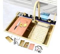 ZQFHSX Nano Workstation Sink, Smart Kitchen Sink with Temperature Display, Stainless Steel Single Waterfall Drop in Accessories, Pull-Out Faucet(Gold,75cm)