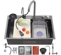 ZQFHSX Premium 13-Piece Stainless Steel Kitchen Sink Set with Digital Display Pull-Out Faucet Single Bowl Workstation & Cup Washer Control Knobs - Stylish Black Grey (75x45cm)