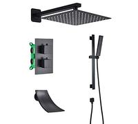 ZQFHSX Rain Shower System Black Thermostatic Faucet Set with Waterfall Tub Spout, Wall Mounted Combo Brass Mixer Head, Handheld Shower, Lifting Rod, 10 Inc