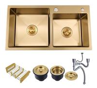 ZQFHSX Rectangle Kitchen Sink, Stainless Steel Sink Bowl With Drainage Filters And Drain Basket, Double Design, Large Capacity, Free Strainer Waste(Gold,82x45cm)
