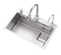 ZQFHSX Silver Single Bowl Kitchen Sink with Pull-Down Faucet and Drain Accessories 3mm Stainless Steel Restaurant-Grade for Home Dishwashing Pool Use.