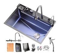 ZQFHSX Single Bowl Kitchen Sink with Multifunctional Digital Display, Waterfall Sink, Bar Drop-in/Undermount 304 Stainless Steel Farmhouse Accessories (Color : Black, Size 68x46