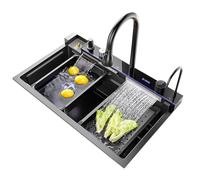 ZQFHSX Smart Digital Display Waterfall Kitchen Sink - Stainless Steel Nano Single Bowl Workstation with One-Piece Faucet (Gun Gray 68x46x22CM) Modern Design &Finish