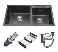 ZQFHSX Stainless Steel Kitchen Sink Double Bowl Inset Black Kitchens with Drain Pipe, Drainer Basket, Suitable for Kitchen, Bathroom, Caravan Travelling(Black,72x40cm)