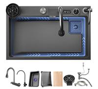 ZQFHSX Stainless Steel Kitchen Sink with Waterfall Faucet, Nano Coated Workstation Digital Display, Topmount Single Bowl, Deep & Large Capacity Multi-Purpose Sink(Black GreyA,75x45x21cm)