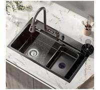 ZQFHSX Stainless Steel Kitchen Sink with Waterfall Faucet, Nano Coated Workstation Digital Display, Topmount Single Bowl, Deep & Large Capacity Multi-Purpose Sink(Black GreyB,75x45x21cm)