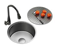 ZQFHSX Stainless Steel Round Kitchen Sink with Pull Down Faucet and Lid - Single Bowl Undermount Workstation for Island, Bar, Prep Kitchen, Restaurant(39X39X20cm)