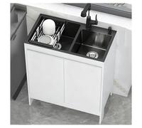 ZQFHSX Stainless Steel Sink Double Basin Design with Lift-Up Thickened Panel Includes Retractable Basket Concealed Door Handles Kitchen Sinks Depth Increased to 19cm (7.5")(31.7x17.7x31.1)