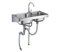 ZQFHSX Stainless Steel Sink for Laundry, Commercial Wall Mount Kitchen Washing Station,Double Bowl Utility Hand Basin with Faucet and Accessories, Perfect Home, Stores, Restaurants, B