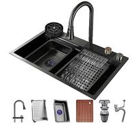 ZQFHSX Stainless Steel Waterfall Kitchen Sink Set Single Bowl Bar Sinkt With Pull Down Spray Head Faucet Workstation Multiple Accessories (Size : 80x45x22cm)