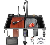 ZQFHSX Stainless Steel Waterfall Kitchen Sink with 3-in-1 Faucet Multifunctional Single Bowl Drainage Basin, Basket, Cutting Board, Cup Washer, Component (Color : Black Grey, Si