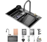 ZQFHSX Stainless Steel Waterfall Sink Multifunctional Single Bowl Kitchen Nano Coated Workstation with 3-in-1 Pull-Out Faucet,Drainage Component,Cup Washer (Color : Black-Grey, Size 75x45x22cm