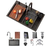 ZQFHSX Stainless Steel Waterfall Sink with 3-in-1 Faucet Multifunctional Single Bowl Kitchen Drain Basket, Basin, Cutting Board, Cup Washer, Drainage Component (Color : Black Grey, Size 6