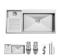 ZQFHSX SUS304 Stainless Steel Laundry Sink with Washboard | Drop-in & Undermount Installation Double Bowl Utility Basin for Balcony, Basement, Garage Brushed Finish, Drain Kit Included(Left,90x48cm)