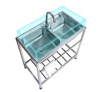 ZQFHSX Utility Sink Commercial Restaurant Stainless Steel Free Standing Kitchen 2 Bowl Set w/Storage Shelve/Cold Hot Water Faucet for Laundry Room Backyard Garage Indoor Outdoor