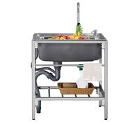 ZQFHSX Utility Sink Free Standing Single Bowl Kitchen with Hot and Cold Faucet Stainless Steel Outdoor Portable Hand Wash Station for Laundry Room Bathroom Garage (Silver, Size:71x47x75cm