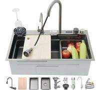 ZQFHSX Versatile Stainless Steel Single-Bowl Kitchen Workstation Sink with Display Screen Waterfall Pull-Down Faucet and Complete Accessory Set (Color : Black, Size 7