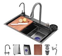 ZQFHSX Waterfall Single Bowl Kitchen Sink Set with Pull Out Faucet and Cup Washer Nano Coated Workstation for Household (Black 68x45x22cm)
