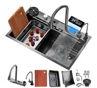 ZQFHSX Waterfall Sink, Black 75x45cm Stainless Steel Kitchen Single Bowl Workstation Top-Mount Nano Coating Bar Prep Sink with Pull-Out Faucet, Glass Washer, Drain Basket