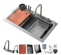 ZQFHSX Waterfall Sink, Black Stainless Steel Kitchen Single Bowl Workstation Top-Mount Nano Coating Bar Prep Sink with Pull-Out Faucet, Glass Washer, Drain Basket(Gray#A01,80x45cm)