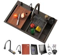 ZQFHSX Waterfall Sink, Black Stainless Steel Kitchen Single Bowl Workstation Top-Mount Nano Coating Bar Prep Sink with Pull-Out Faucet, Glass Washer, Drain Basket(Black-Base,75x45cm)