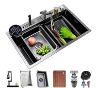 ZQFHSX Waterfall Sink With 1080° Rotating Faucet Stainless Steel Single-Bowl Kitchen Workstation Pull-Out And Cup Washer Dual-Mount (Color : Black, Size 75x46x21cm)