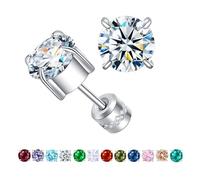 ZQGOFPT Titanium Flat Back Surgical Stainless Steel Stud Earrings for Women Men,Birthstone Stud Earrings Hypoallergenic Double Side 5A Cubic Zirconia Studs Jewelry 6mm, 6mm, Stainless Steel Titanium