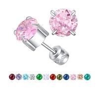 ZQGOFPT Titanium Flat Back Surgical Stainless Steel Stud Earrings for Women Men,Birthstone Stud Earrings Hypoallergenic Double Side 5A Cubic Zirconia Studs Jewelry 6mm, 6mm, Stainless Steel Titanium