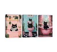 ZQQART 3 Pcs Cat Bathroom Canvas Wall Art Black Cat Sitting on Toilet Reading Picture Prints Animals Green Plants Painting Washroom Wall Decor Framed(Pink,30x40cmx3 Pieces)