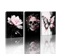 ZQQART Abstract Skull Flower Butterfly Wall Art 3PCS Black & White Skull Picture Canvas Prints Framed Rustic Skull Butterfly Painting Decor (Pink,12"x16"x3)