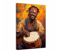 ZQQART African Drum Canvas Wall Art Black Man Hand Drum Painting African Americans Picture Prints Tradition Tambourine Poster Bedroom Decor(Orange,20L x 30W)