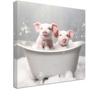 ZQQART Bathroom Animal Canvas Wall Art Cute Pig in Bubble Bathtub Painting Prints Pink Pigs Picture Artwork Funny Animal Poster Framed (Pig,18.00" x 18.00")