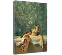 ZQQART Bathroom Animal Wall Art Funny Animal in Tub Picture Canvas Print Pink Cat Otter Deer Turtle Shower Painting Wall Decor (Green,12W x 18L)