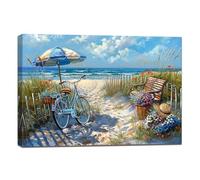 ZQQART Beach Canvas Wall Art Seaside Bicycle with Flowers Painting Prints Coastal Sea Landscape Picture Artwork for Bathroom Decor Frame(Beach 3,16.00" x 24.00")