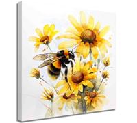 ZQQART Bee Canvas Wall Art Bee with Daisy Flower Picture Prints Watercolor Honey Bee Wildflower Poster Nature Insect Artwork Home Wall Decor (Yellow White,70x70cm)