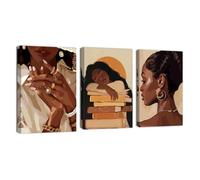ZQQART Black Girl Canvas Wall Art Fashion African American Picture Prints Boho Black Woman Female Paintings Bathroom Home Wall Decor Framed(Brown,16.00"x24.00"x3Pcs)