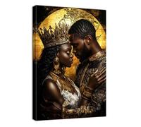 ZQQART Black King and Queen Wall Art Crown Black Couple Canvas Painting Art African American Picture Living Room Decor Framed(Gold,12.00" x 18.00")