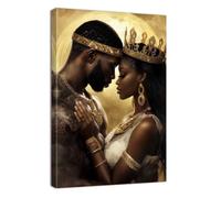 ZQQART Black King and Queen Wall Art Crown Black Couple Canvas Painting Art African American Picture Living Room Decor Framed(Brown,16.00" x 24.00")