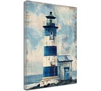 ZQQART Blue Lighthouse Canvas Wall Art Vintage Blue Stripes Lighthouse Picture Prints Coastal Ocean Skyline Rustic Artwork Bathroom Decor (28W x 42L)