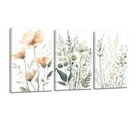ZQQART Boho Floral Canvas Wall Art Green Sage Flower Eucalyptus Leaf Posters Prints Set of 3 Navy Botanical Plant Picture for Wall Decor (Orange,16"x24"x3)